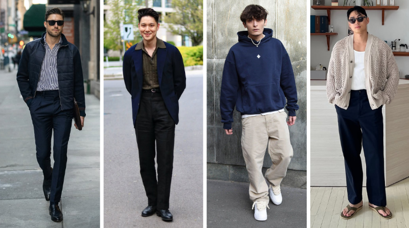 Áo thun có cổ nam màu xanh navy kết hợp quần chinos, thể hiện phong cách casual lịch lãm