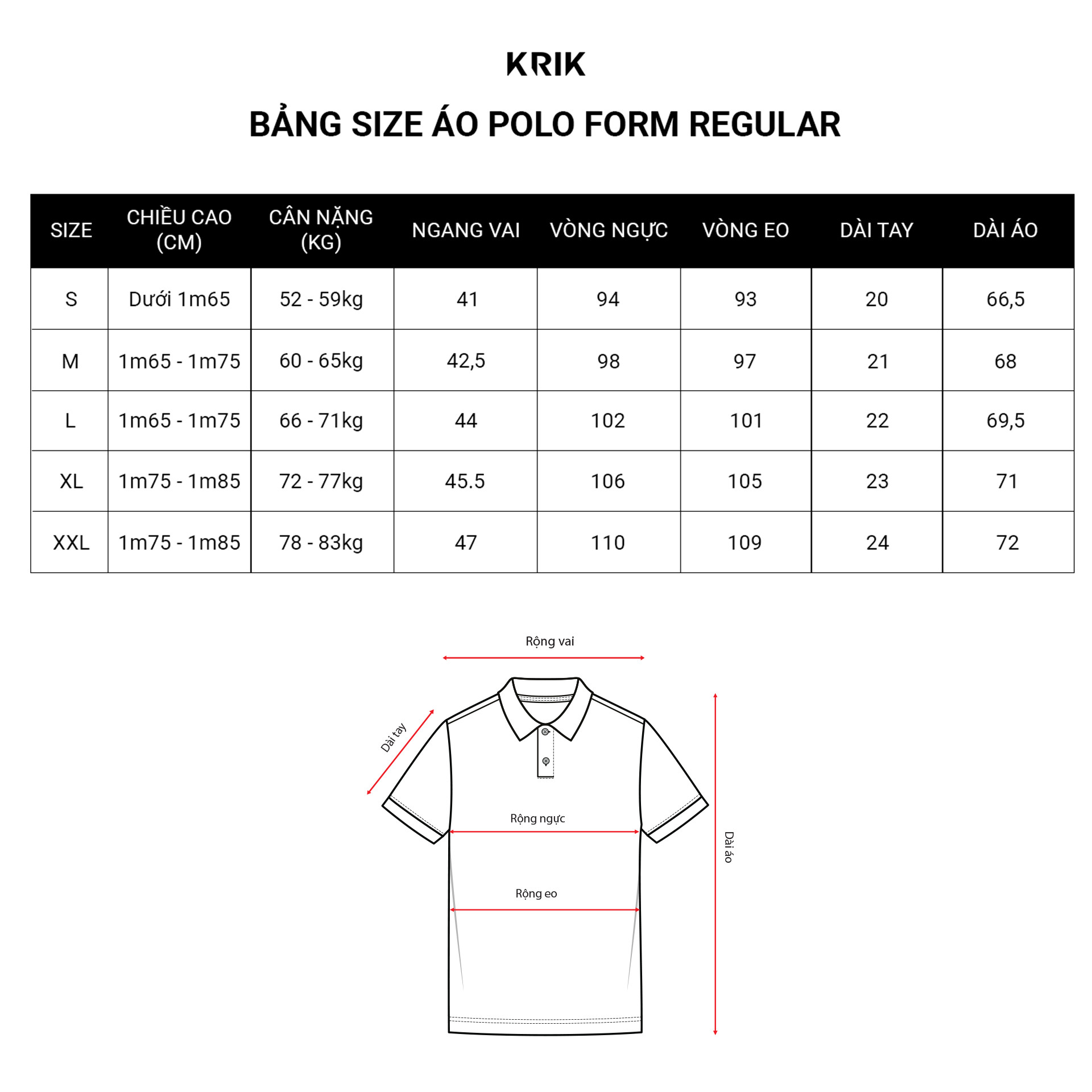 Bảng Size Áo Polo Cho Nam Form Regular Krik Dễ Hiểu