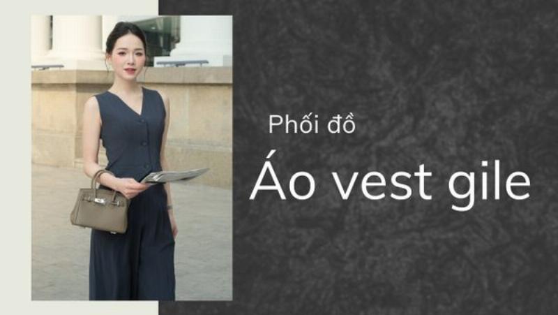 Hình ảnh một cô gái trẻ trung, thanh lịch mặc áo vest gile nữ dáng ngắn màu be, phối cùng quần ống rộng và áo sơ mi trắng, tạo nên vẻ ngoài thời thượng.