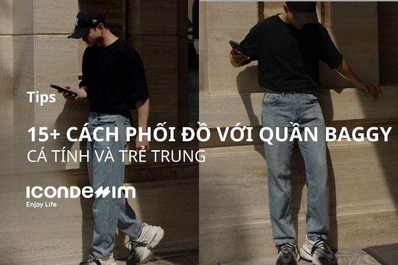 Người mẫu nam có dáng người cân đối đang thử một chiếc quần baggy kaki màu be, thể hiện phong cách trẻ trung, năng động