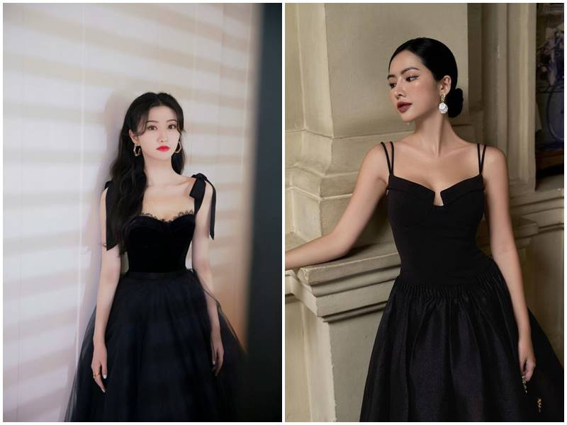 Đầm cúp ngực đen với phụ kiện tinh tế, tạo điểm nhấn sang trọng