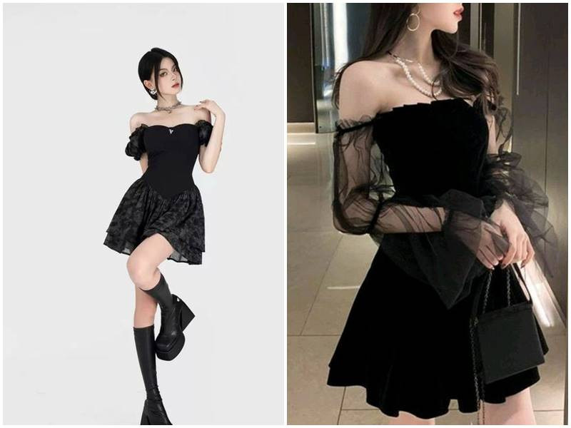 Đầm đen trễ vai, tôn lên bờ vai thanh mảnh và quyến rũ