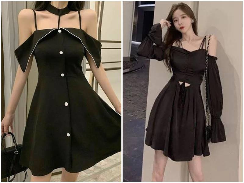 Đầm đen trễ vai thanh lịch, phù hợp với phong cách sang trọng