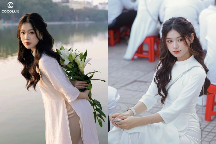 Kiểu tóc buộc nửa đầu duyên dáng với mái bay, phù hợp khi mặc áo dài cho cô gái mặt tròn