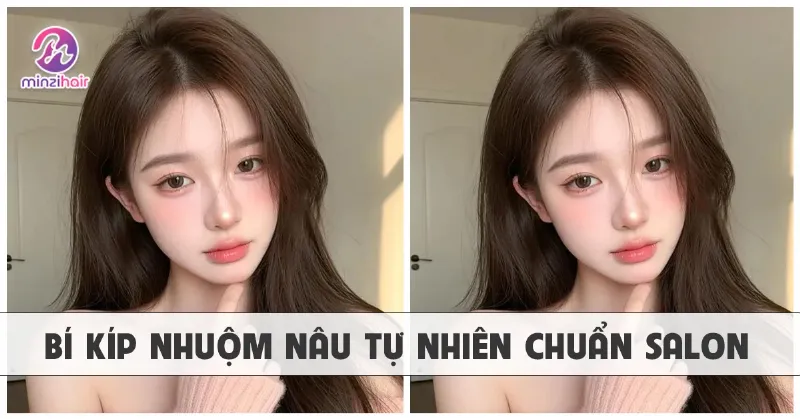 Hình ảnh các sản phẩm chăm sóc tóc chuyên dụng cho tóc nhuộm như dầu gội, dầu xả, mặt nạ, serum, đặt gần một mái tóc nâu trà sữa mềm mượt