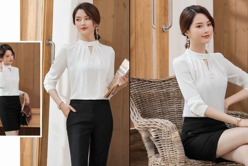 Cô gái diện áo phông trắng đơn giản phối cùng chân váy dài xanh navy tạo nên phong cách thanh lịch và thoải mái