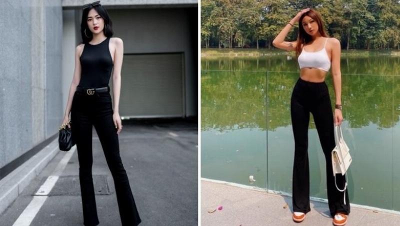 Phối đồ quần ống loe thanh lịch với áo ôm sát tôn dáng, tạo sự cân bằng và hài hòa tổng thể cho phong cách cá nhân.