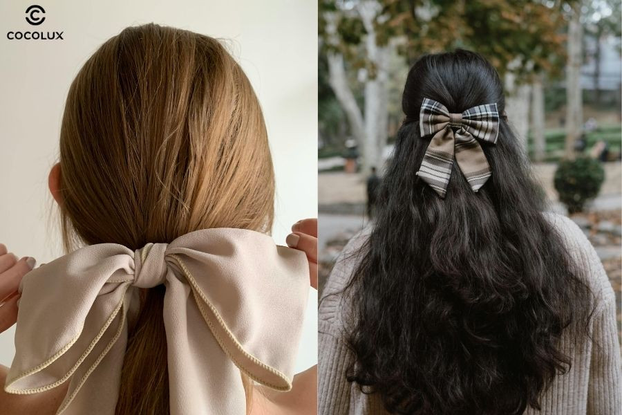 Ruy băng nhẹ nhàng kết hợp tóc buộc nửa đầu, phụ kiện duyên dáng cho kiểu tóc mặc áo dài