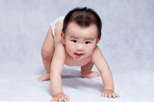 Hình ảnh bé trai đang tập bò kiểu gấu, lưng thẳng và bàn chân chạm đất