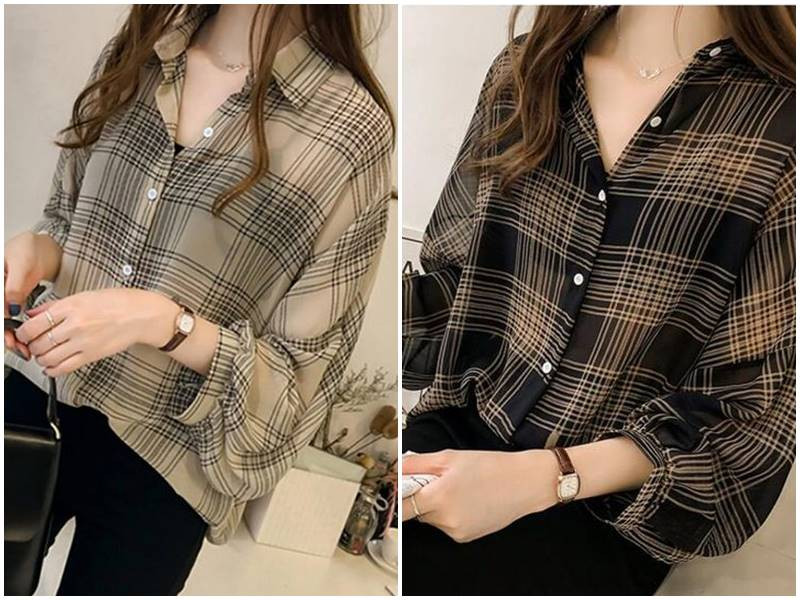 Áo sơ mi tay lỡ kẻ caro màu đỏ, trắng cá tính