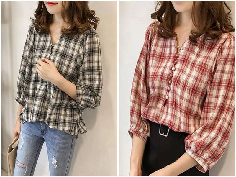 Áo sơ mi tay lỡ kẻ caro tone màu xanh, trắng tươi mới