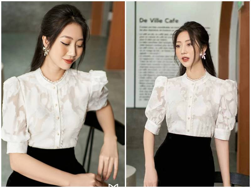 Áo sơ mi cổ tròn tay lỡ màu xanh pastel phối cùng quần tây