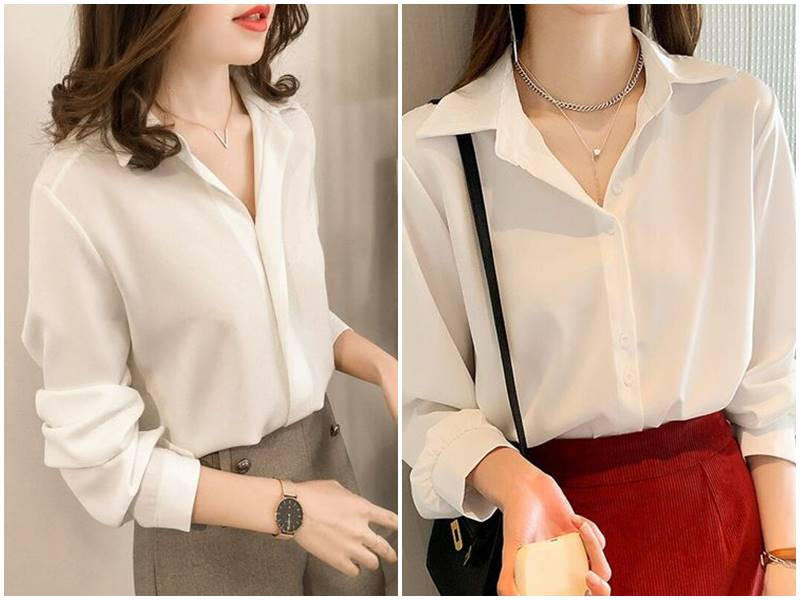 Áo sơ mi trắng form rộng tay lỡ, phong cách tối giản