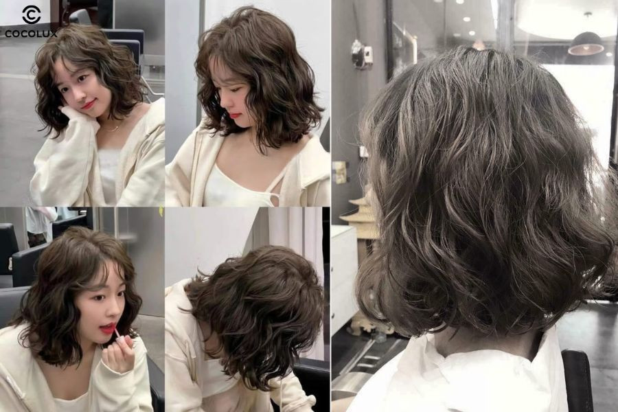Tóc xoăn nhẹ che bớt bề ngang, làm khuôn mặt tròn trông thanh thoát hơn