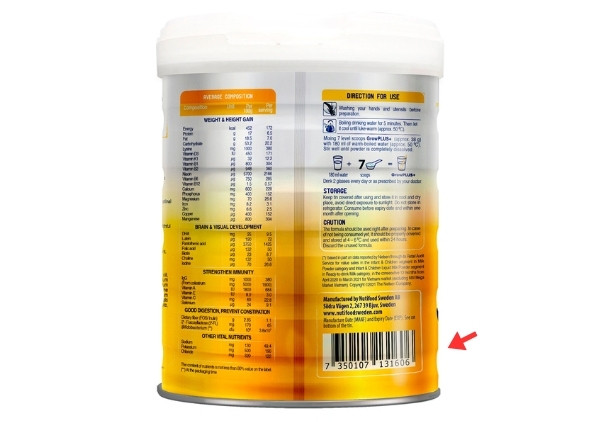 Mã vạch trên hộp sữa Growplus với ba chữ số đầu tiên là 735, chỉ rõ nguồn gốc sản phẩm từ Thụy Điển