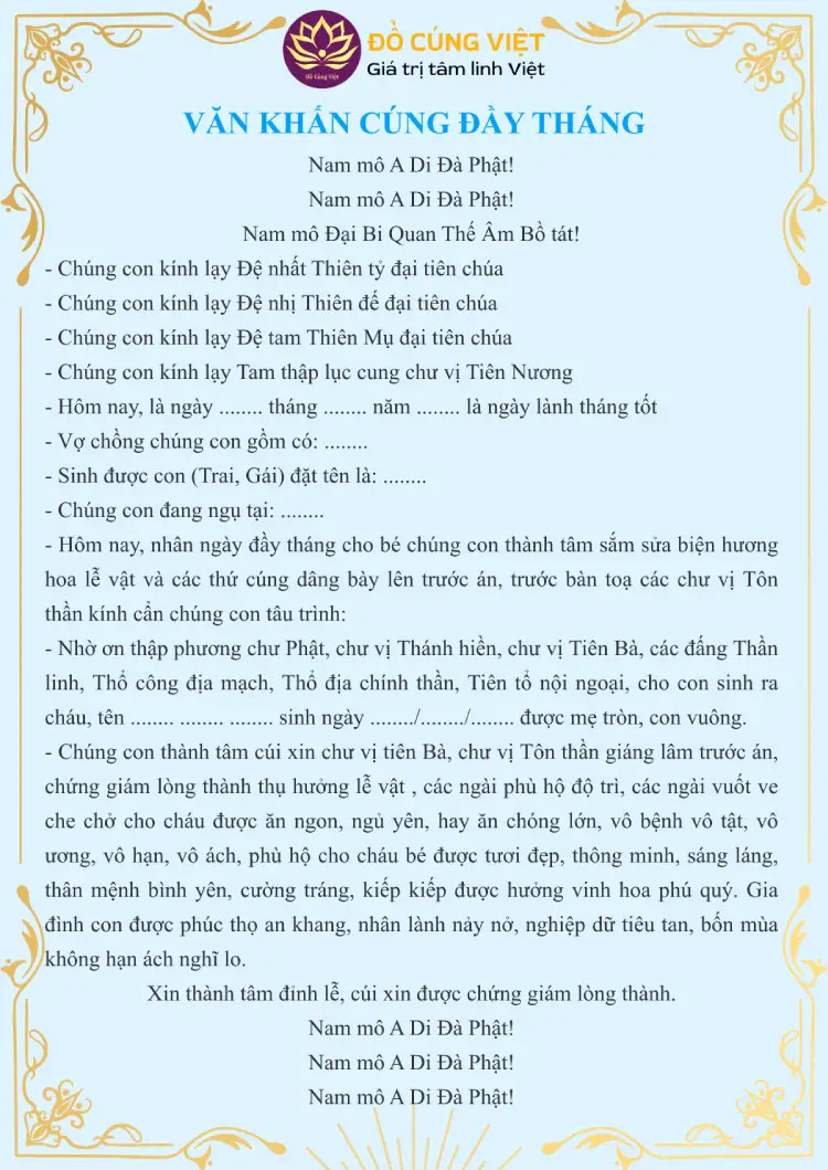 Mẫu văn khấn đầy tháng bé gái chi tiết