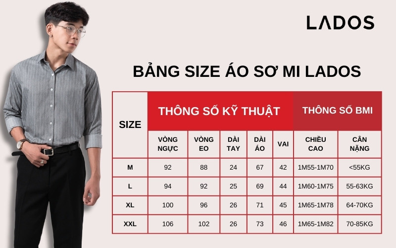 Bảng kích thước chuẩn cho áo sơ mi nam theo các thông số