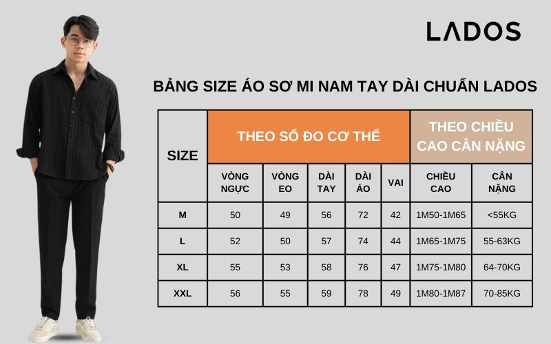 Bảng size áo sơ mi nam tay dài chi tiết