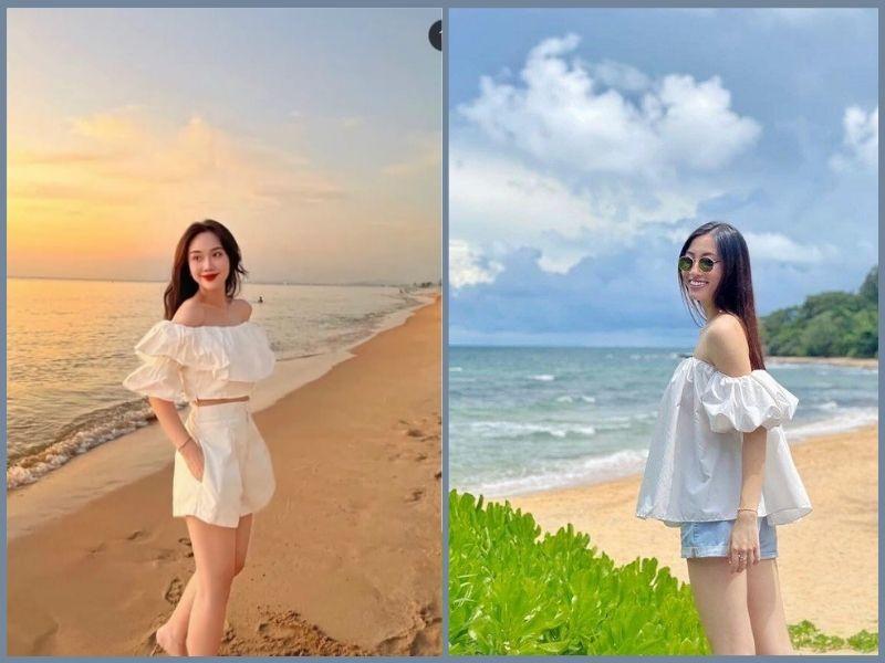 Áo trễ vai mix quần short lưng cao đầy nữ tính