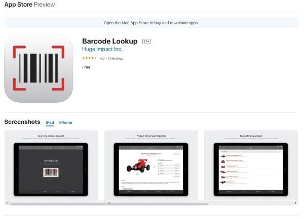 Màn hình giao diện của ứng dụng Barcode Lookup hiển thị kết quả quét mã vạch sản phẩm sữa trên iOS