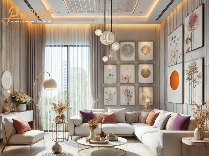 Nội thất phòng khách hiện đại với tông màu trung tính như trắng, xám và nâu làm nền, kết hợp điểm nhấn tím, cam, đỏ hoặc hồng từ các chi tiết trang trí, phù hợp cho gia chủ tuổi Thân mệnh Kim