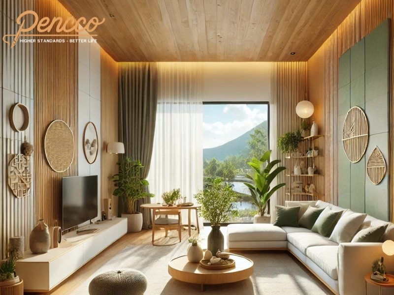 Phòng khách hài hòa lấy cảm hứng từ tuổi Thân mệnh Mộc, với tông màu xanh lá cây chủ đạo, chất liệu gỗ tự nhiên và điểm nhấn trắng, xám tinh tế, tạo không gian cân bằng và thư giãn
