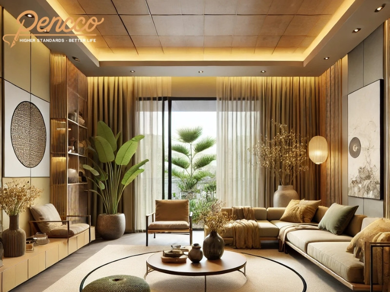 Phòng khách hiện đại dành cho gia chủ tuổi Thân mệnh Thổ, với tường màu vàng hoặc nâu làm nền tảng, điểm nhấn xanh lá trong trang trí, tạo không gian hài hòa và ấm áp