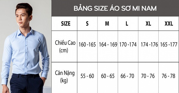 Bảng thông số chi tiết áo sơ mi nam size M theo chiều cao và cân nặng