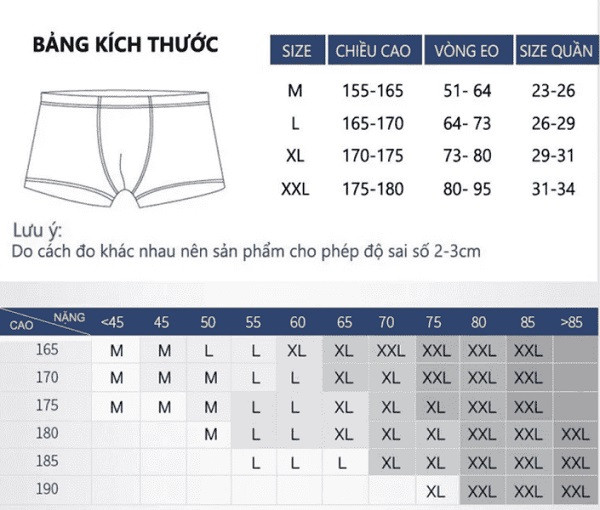 Bảng size quần short nam tham khảo