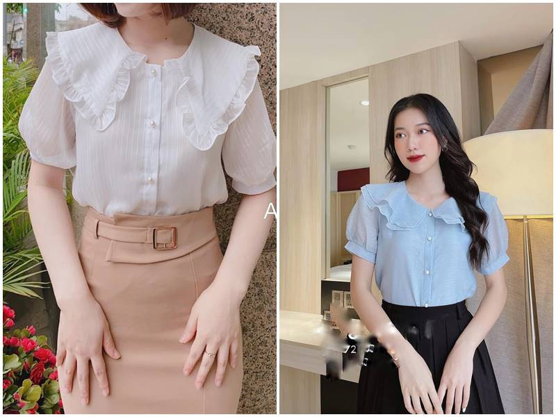 Áo sơ mi cách điệu cổ lá sen