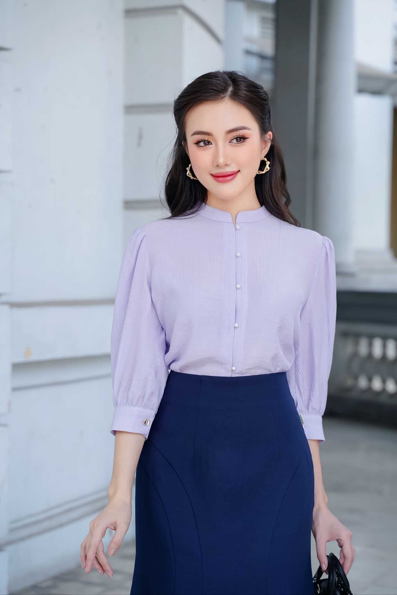 Áo sơ mi cách điệu cổ tàu