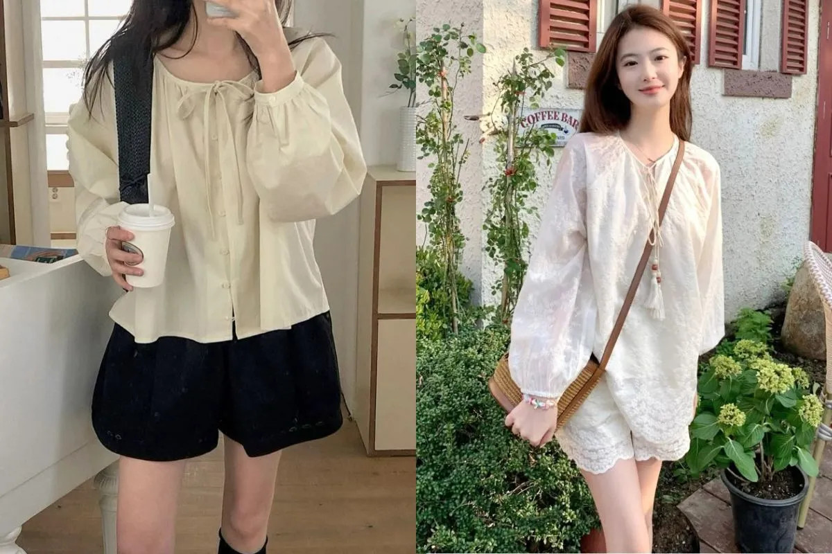 Áo sơ mi nữ cổ tròn cách điệu thanh lịch