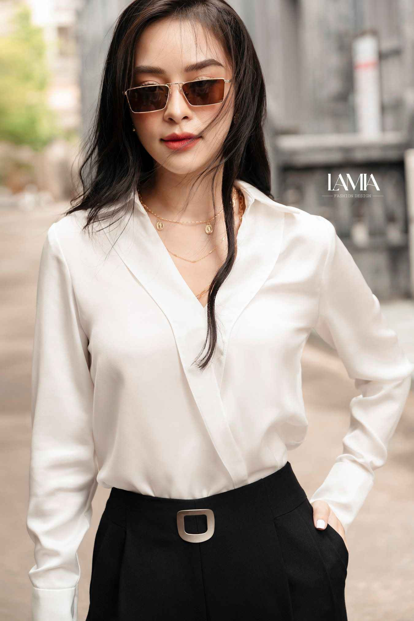 Áo sơ mi cách điệu cổ xếp lớp