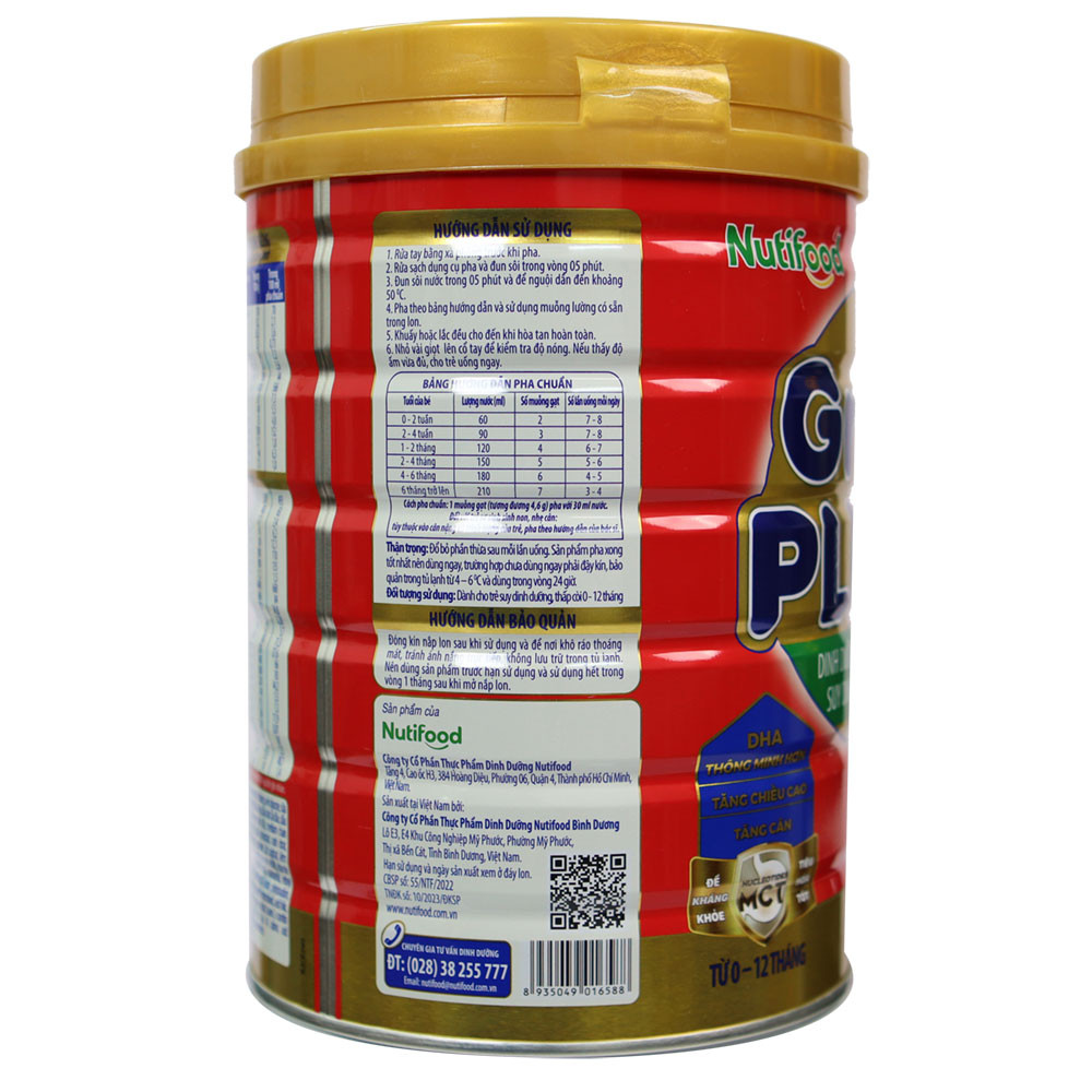 Lon sữa Grow Plus đỏ NutiFood 0-12 tháng với công thức cải tiến