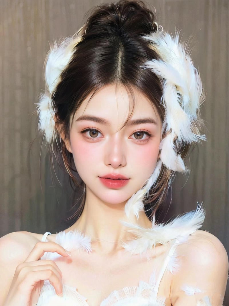 Kiểu tóc búi cao ngôi giữa đính phụ kiện lông vũ trắng sang trọng