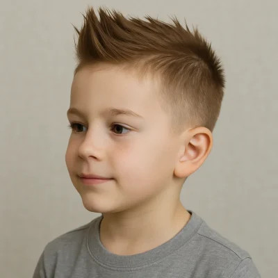 Bé trai cá tính với kiểu tóc Faux Hawk, mang phong cách Mohawk nhưng nhẹ nhàng, đáng yêu