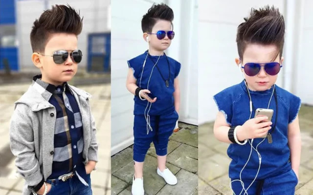 Bé trai phong độ với kiểu tóc Pompadour ngắn, vuốt mái tạo độ phồng tự nhiên