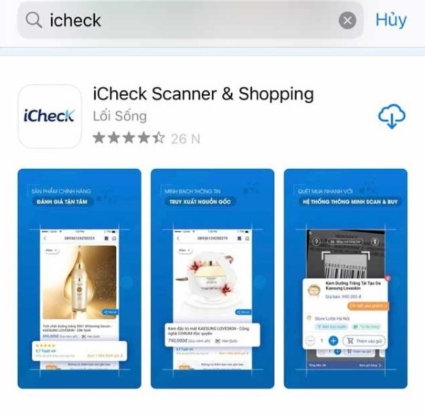 Giao diện ứng dụng iCheck Scan trên điện thoại, có sẵn trên cả hệ điều hành Android và iOS