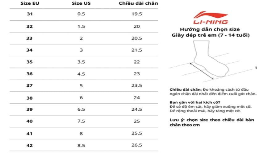 Hướng dẫn chọn size giày Lining theo hãng công bố