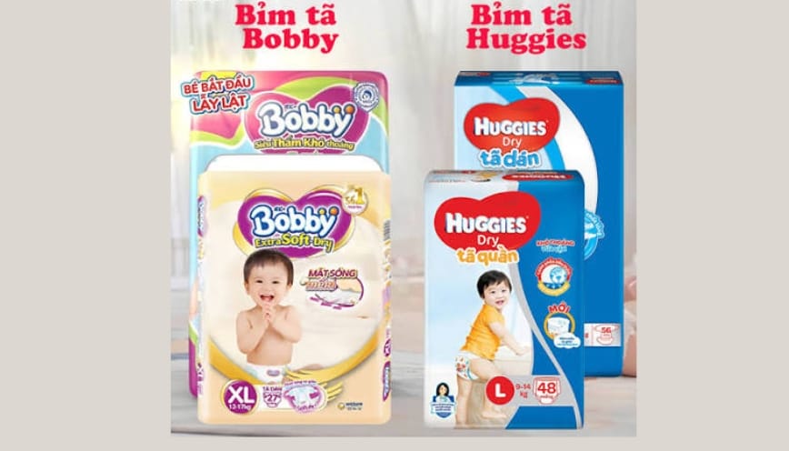 So sánh tã dán size M thương hiệu Huggies và Bobby