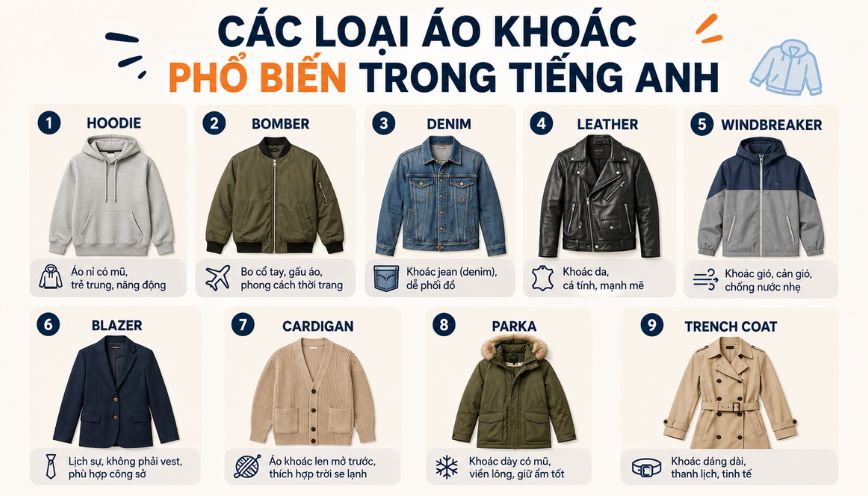 Các loại áo khoác phổ biến trong tiếng Anh