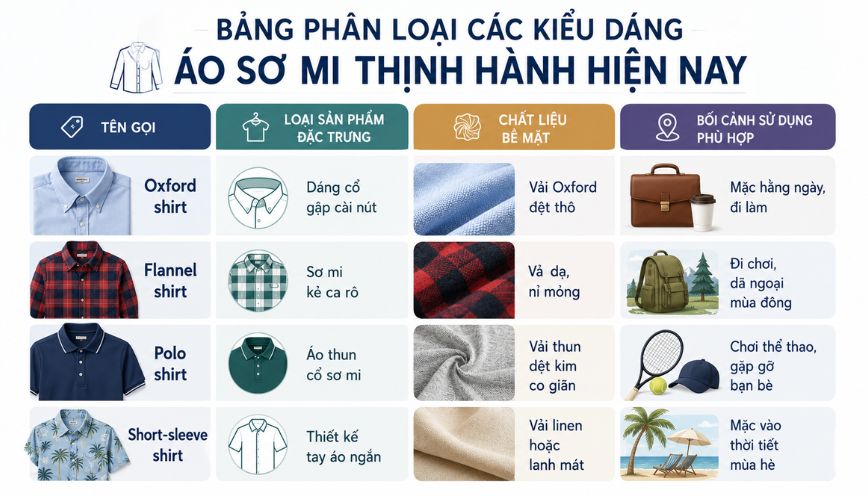 Bảng phân loại các kiểu dáng áo sơ mi thịnh hành hiện nay