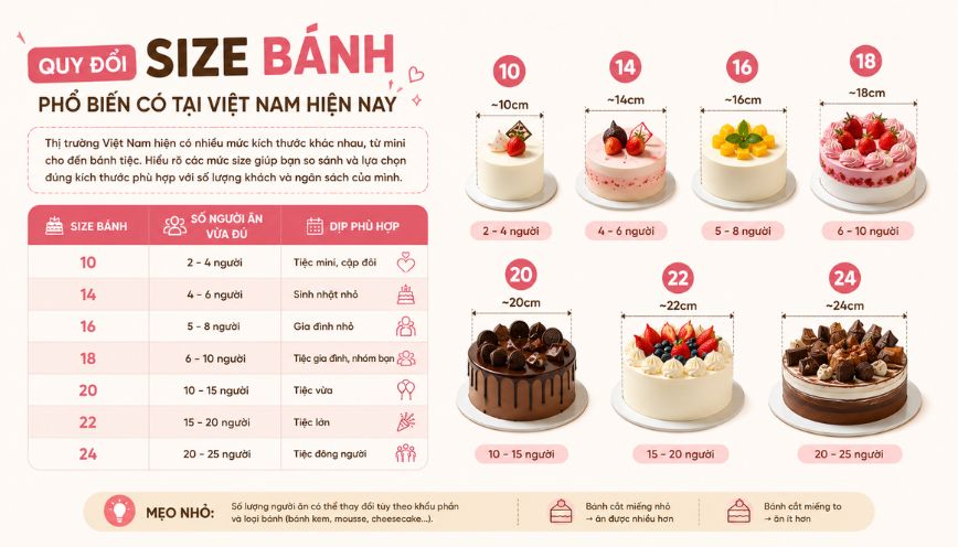 Quy đổi size bánh phổ biến có tại Việt Nam hiện nay