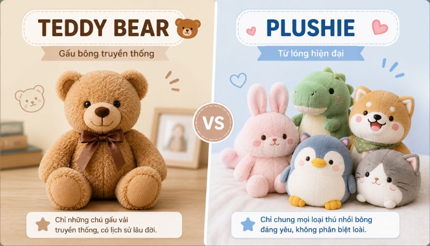Sự khác biệt giữa hai từ teddy bear và plushie là gì?