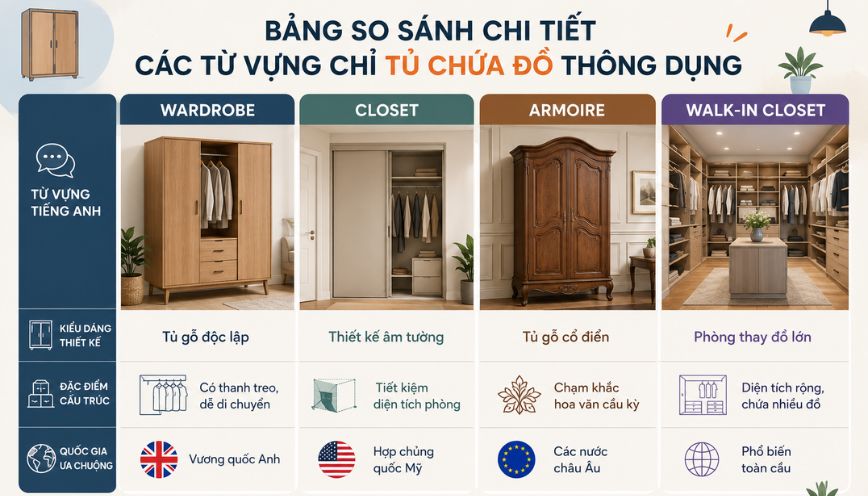 Bảng so sánh chi tiết các từ vựng chỉ tủ chứa đồ thông dụng