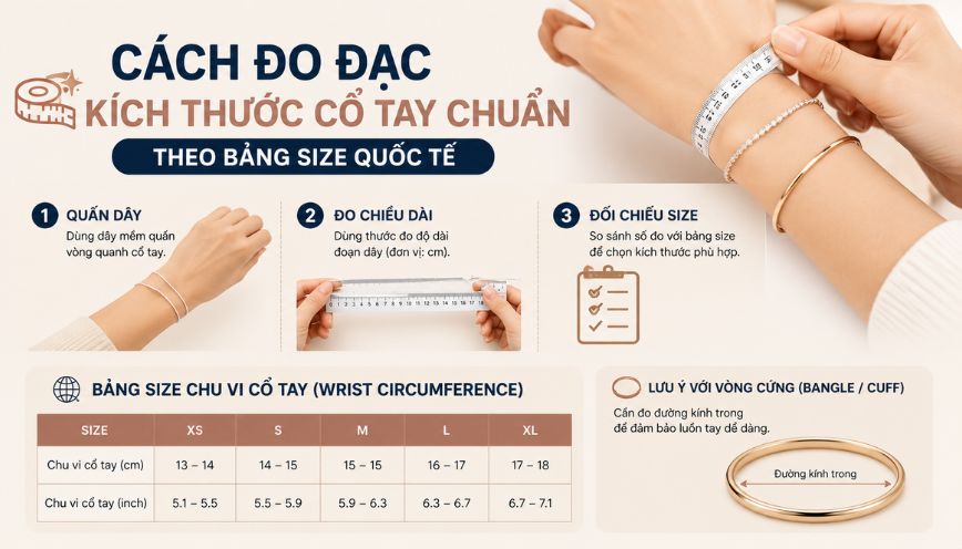Cách đo đạc kích thước cổ tay chuẩn theo bảng size quốc tế